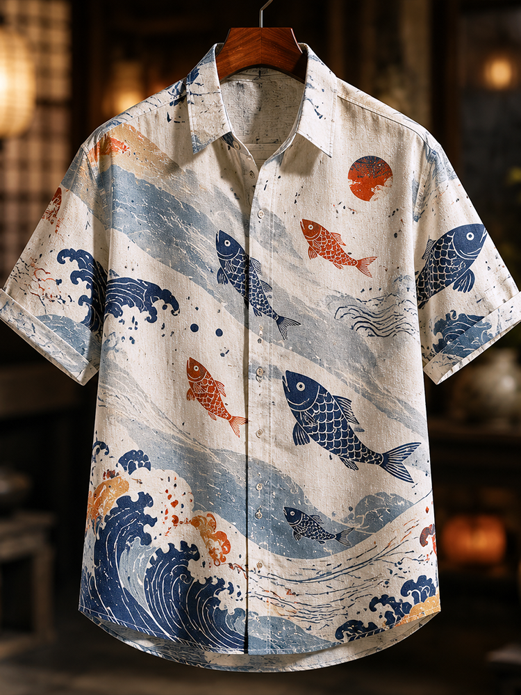 Men's Japanese Vintage Off-white Wave, Fish & Sun Short-sleeve Button-down Shirt