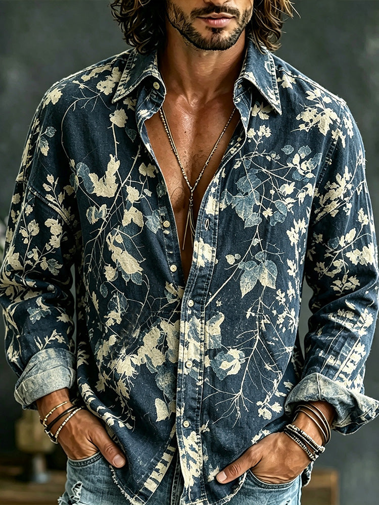Men's Vintage Plant-dyed Printed Cotton-linen Blend Long-sleeved Shirt