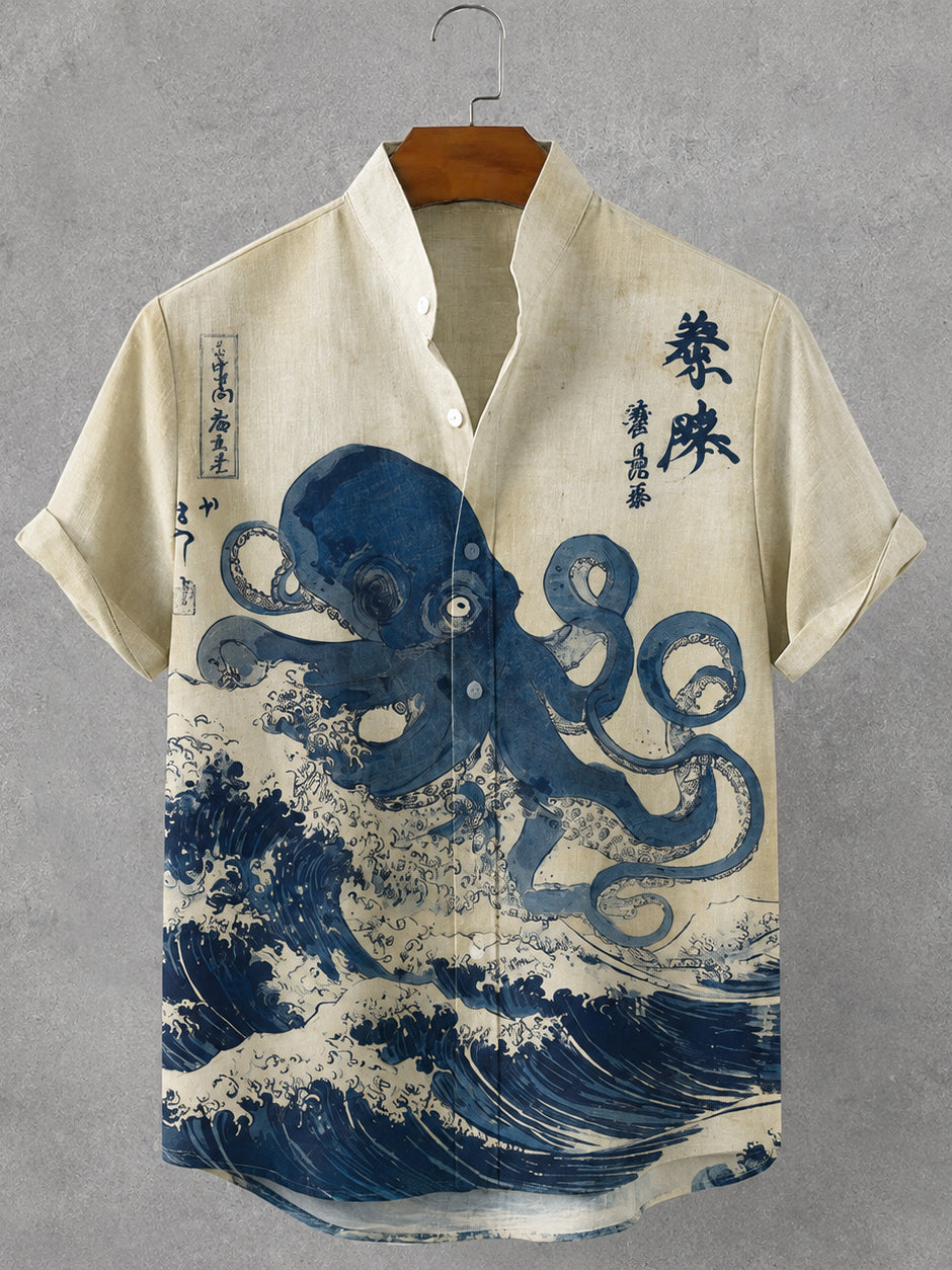 Men's Vintage Japanese Octopus Ocean Art Print Button Casual Cotton Linen Shirt