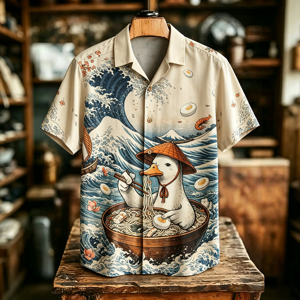 Men's Retro Japanese Style Duck Eating Ramen Print Casual Shirt