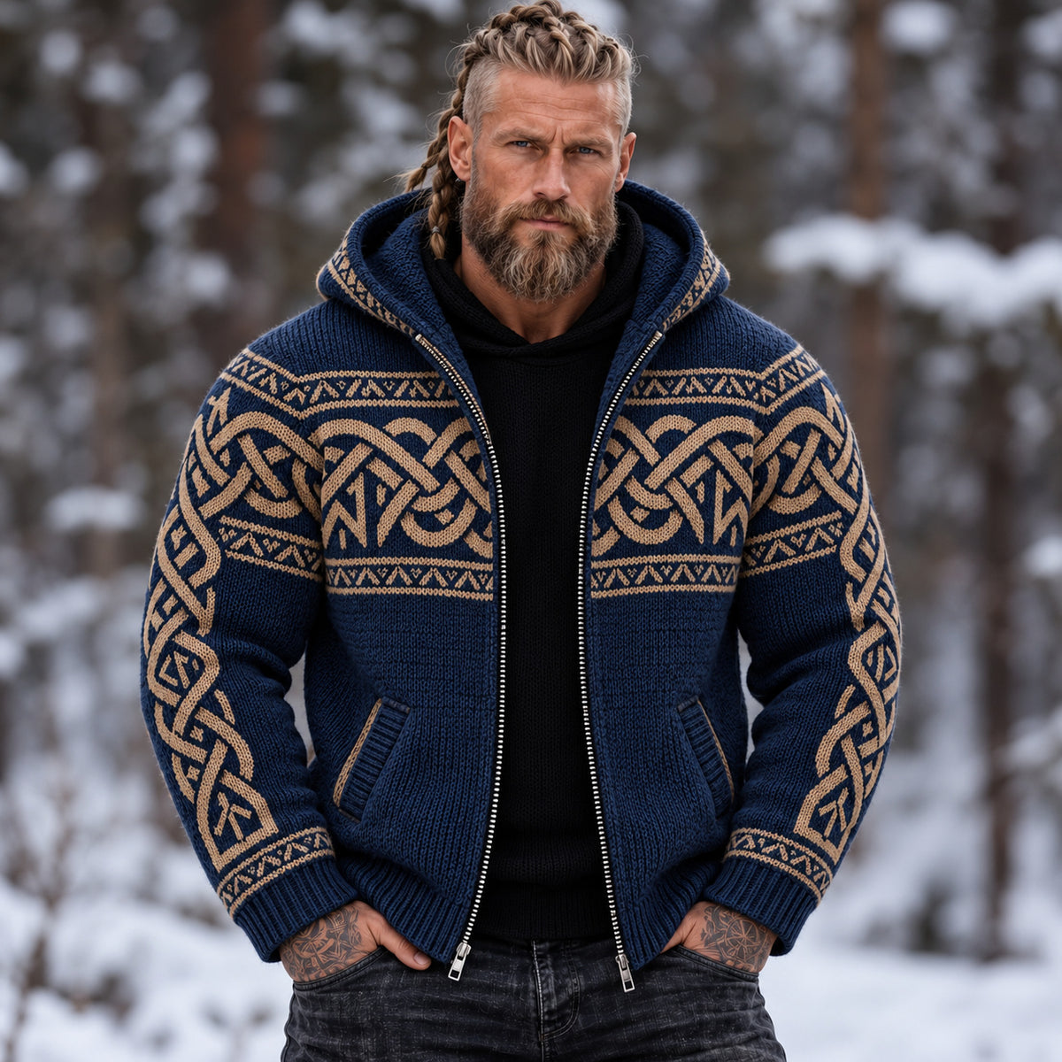 Men's Vintage Viking Celtic Knot Pattern Cozy Warm Zipper Hooded Sweater
