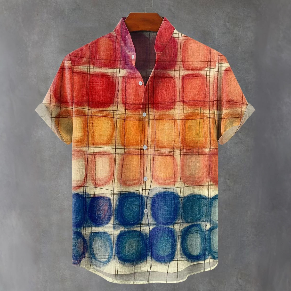 Men's Vintage Geometric Color Blocking Pattern Design Linen Blend Short-sleeve Shirt