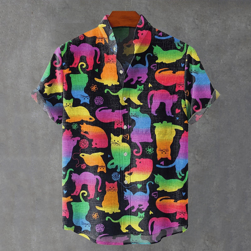 Men's Retro Colorful Fun Cat Print Casual Linen Blend Shirt